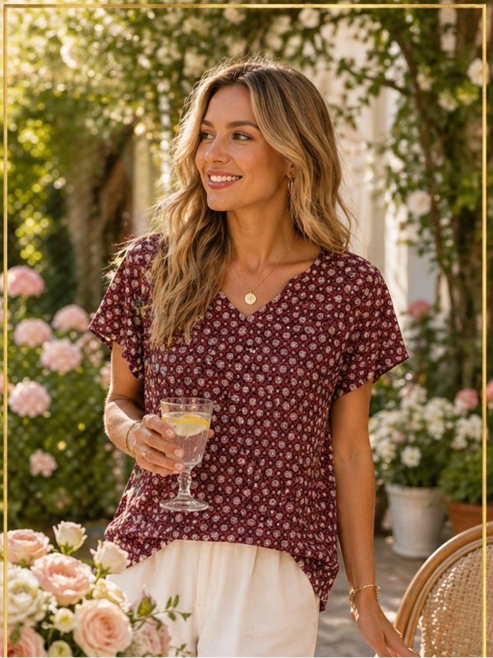 Pleione Maroon Geometric Blouse | Euro Summer Top | Casual Chic Lightweight